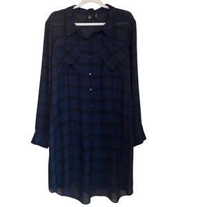 Eileen Fisher The Fisher Project Size L Midnight Blue Plaid Long Tunic Shirt